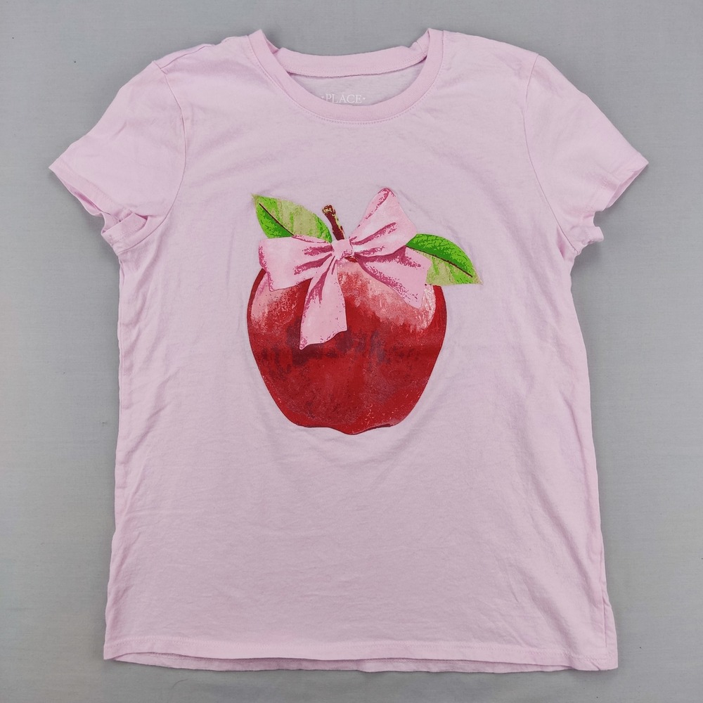 The Children's Place T-Shirt Girls XL 14 Pink Apple Graphic Bow‎ Casual Tee